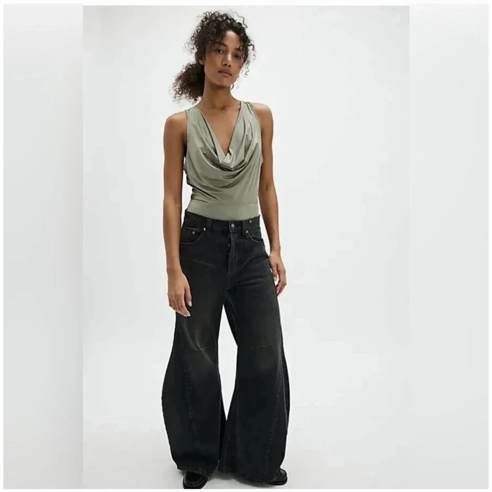 Free People Intimately When And Where Bodysuit Sz XS Laurel Oak Olive Green Cowl